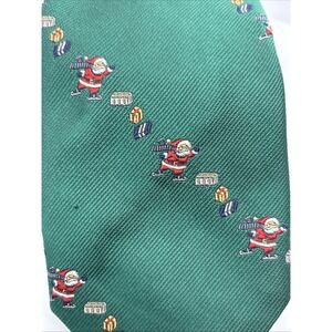 Vintage Santa Claus Tie Green Ice Skating Embroidered Christmas Holiday Talbott